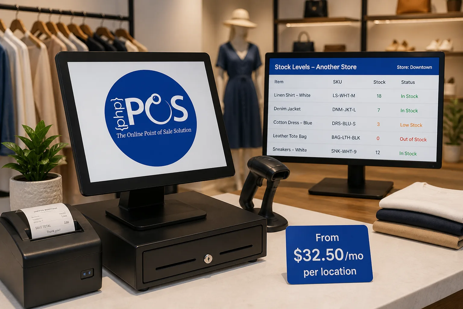The image shows a retail store setup with a PHP-based point of sale (POS) system. On the counter are a touchscreen monitor displaying the PHP POS logo and tagline 'The Online Point of Sale Solution', a receipt printer with a printed sales receipt, a cash drawer, and a barcode scanner. Behind the monitor, a second screen displays detailed stock levels for various clothing items including item names, SKUs, quantities in stock, and status indicators such as 'In Stock', 'Low Stock', and 'Out of Stock' for a store located downtown. Additionally, a small sign on the counter indicates the software pricing starting from $32.50 per month per location. The background includes racks of hanging clothes and folded garments, suggesting a clothing retail environment. This setup demonstrates the use of a digital POS system integrated with inventory management for effective retail operations.