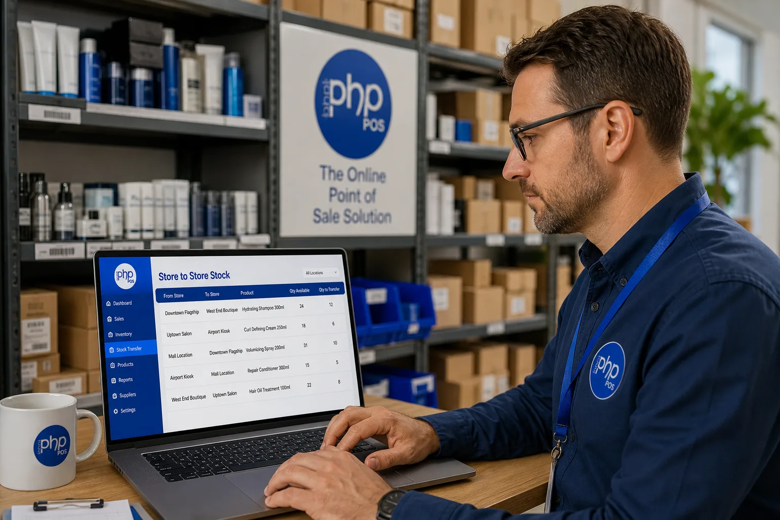 The image shows an employee in a warehouse or storage area working on a laptop displaying a PHP POS (Point of Sale) software interface. The laptop screen features a 'Store to Store Stock' module listing product transfers between various store locations with details of product names, available quantity, and quantity to transfer. Behind the employee, shelves filled with product boxes and containers are visible. Branding of PHP POS is observable on the employee's shirt, a mug, and a poster in the background. This image illustrates the use of online point of sale solutions for efficient inventory and stock management across multiple store locations.