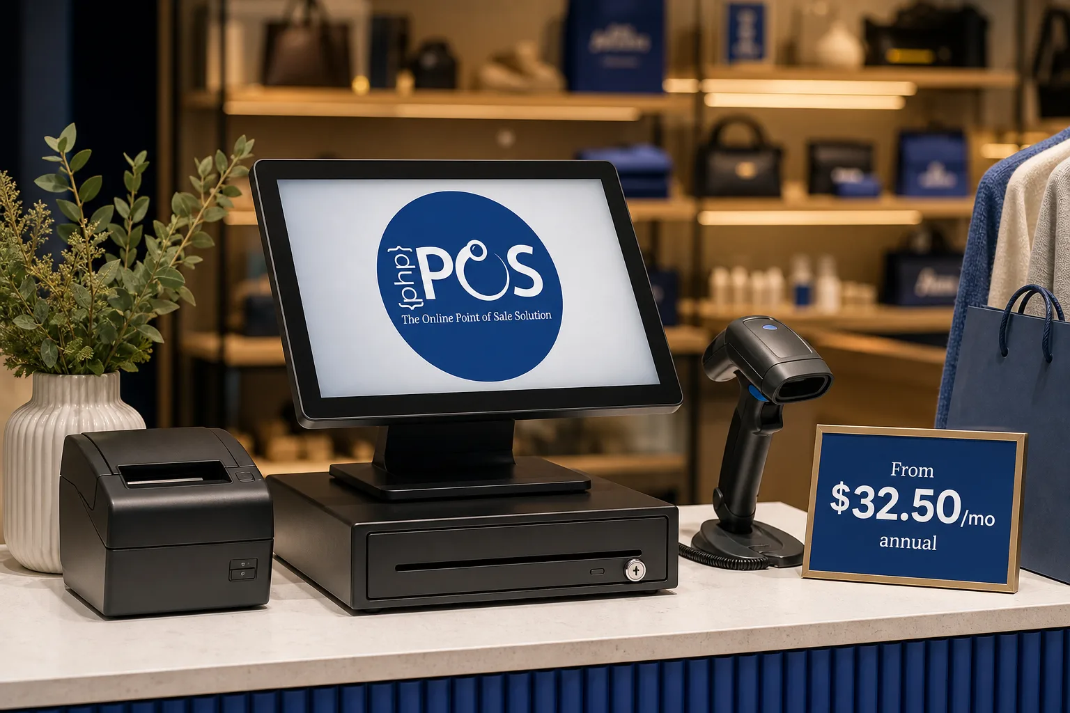 The image shows a modern point of sale (POS) system setup branded as 'phpPOS' on a countertop in a retail environment. The setup includes a touchscreen monitor displaying the phpPOS logo and tagline 'The Online Point of Sale Solution,' a black receipt printer to the left, a cash drawer beneath the monitor, and a barcode scanner on a stand to the right. Next to the scanner, a framed sign advertises pricing starting at $32.50 per month on an annual plan. The background features shelves with various retail items, indicating use in a storefront or boutique setting. This setup exemplifies a complete POS system suitable for small to medium-sized businesses seeking integrated, online sales solutions.