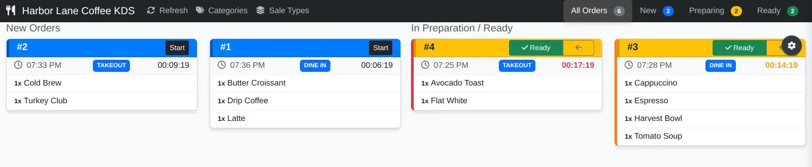 Kitchen display board showing four open orders with their sale types, each with a running preparation timer